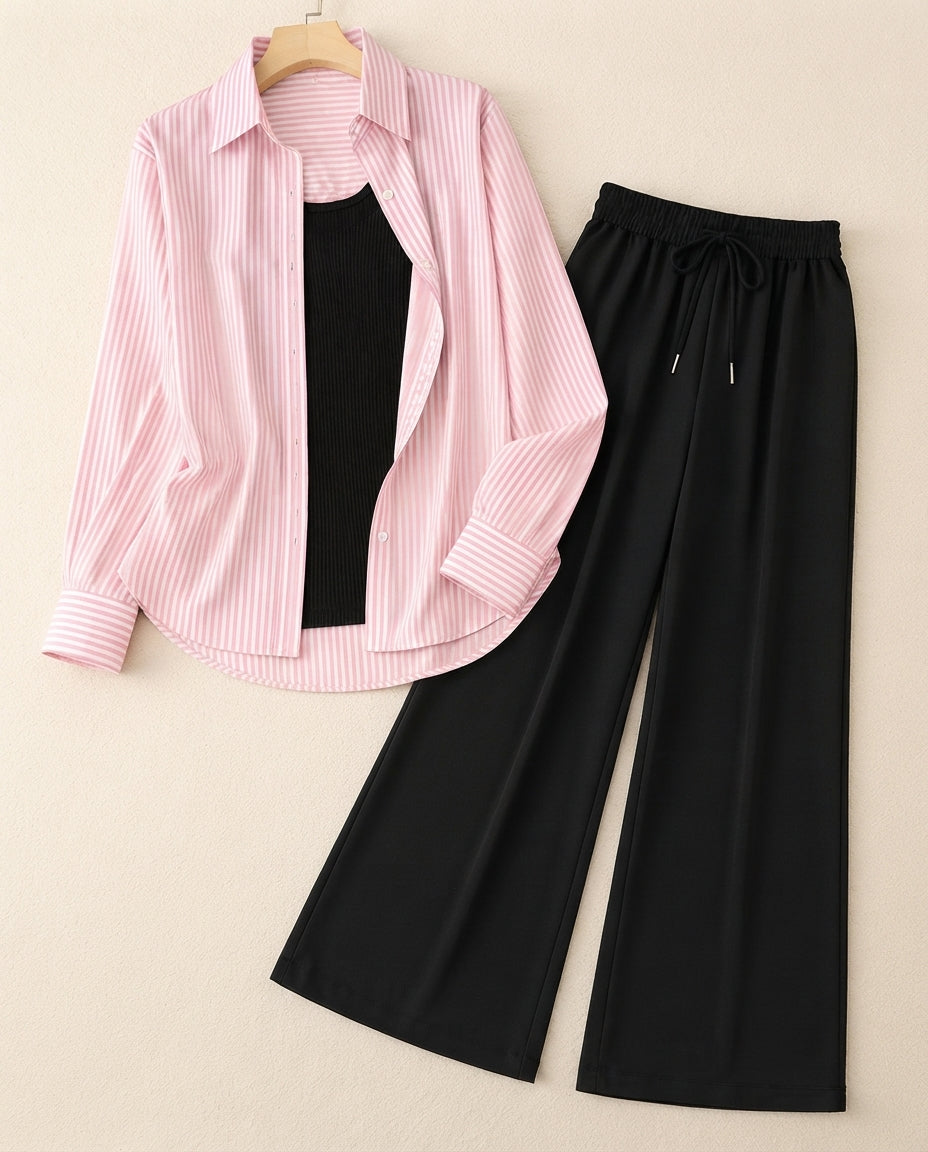 TRIO PACK ( WHITE AND PINK STRIPES BUTTON DOWN SHIRT WITH BLACK INNER AND BLACK FLAPPER TROUSER )