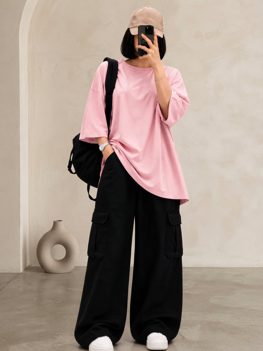 DUO PACK ( BABY PINK BAGGY TEE WITH BLACK CARGO WIDE LEG JEANS )