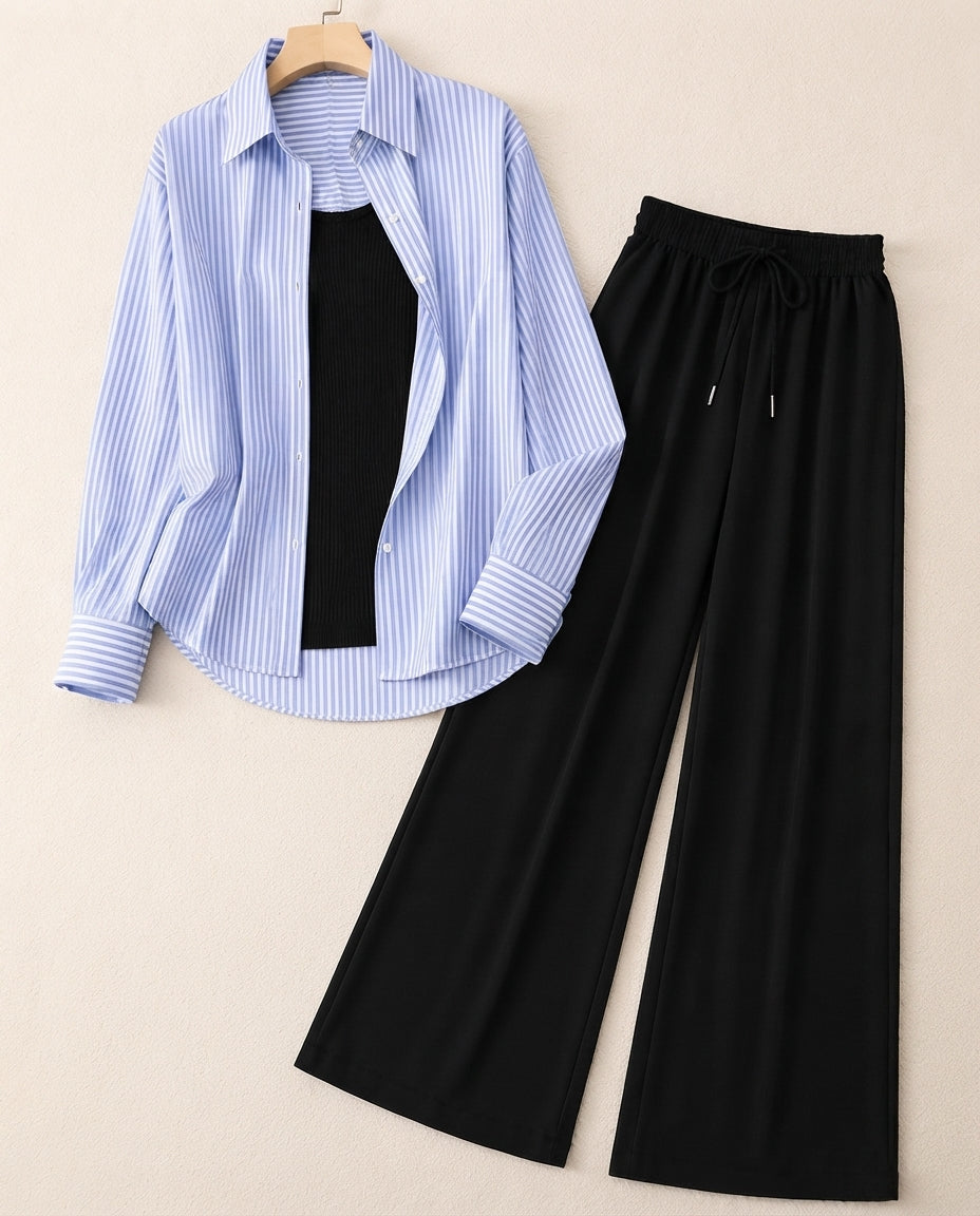 TRIO PACK ( WHITE AND BLUE STRIPES BUTTON DOWN SHIRT WITH BLACK INNER AND BLACK FLAPPER TROUSER)