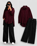 DUO PACK ( MAROON BUTTON DOWN SHIRT WITH BLACK WIDE LEG CARGO DENIM )