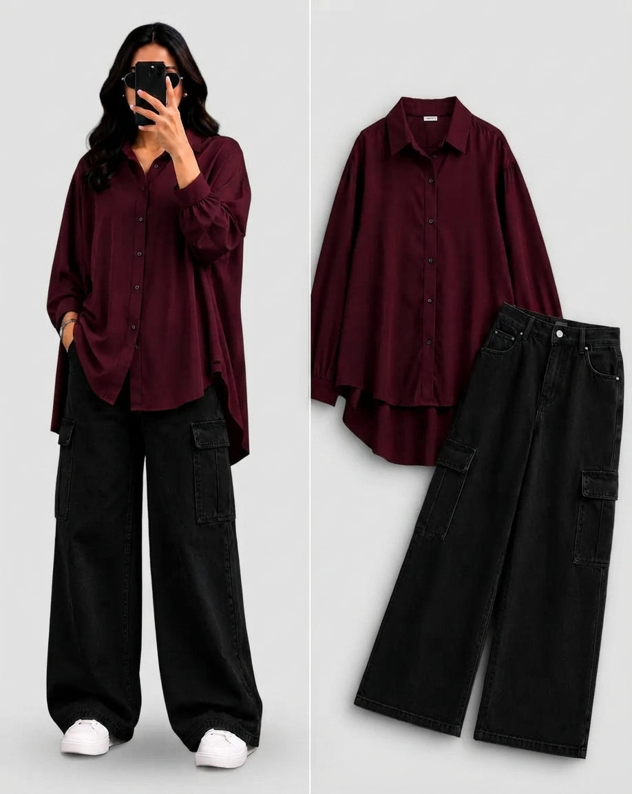 DUO PACK ( MAROON BUTTON DOWN SHIRT WITH BLACK WIDE LEG CARGO DENIM )