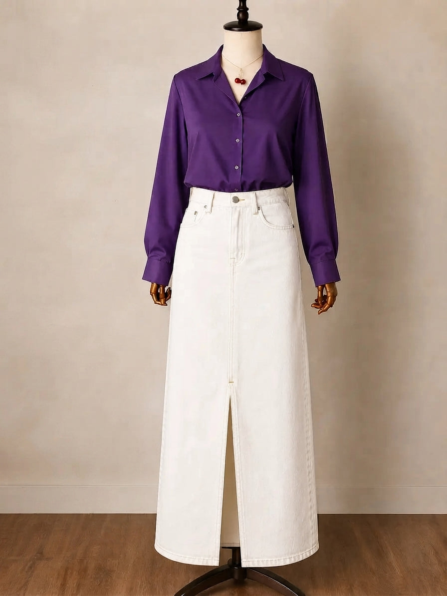 DUO PACK ( DARK PURPLE BUTTON DOWN SHIRT WITH WHITE DENIM SKIRT )
