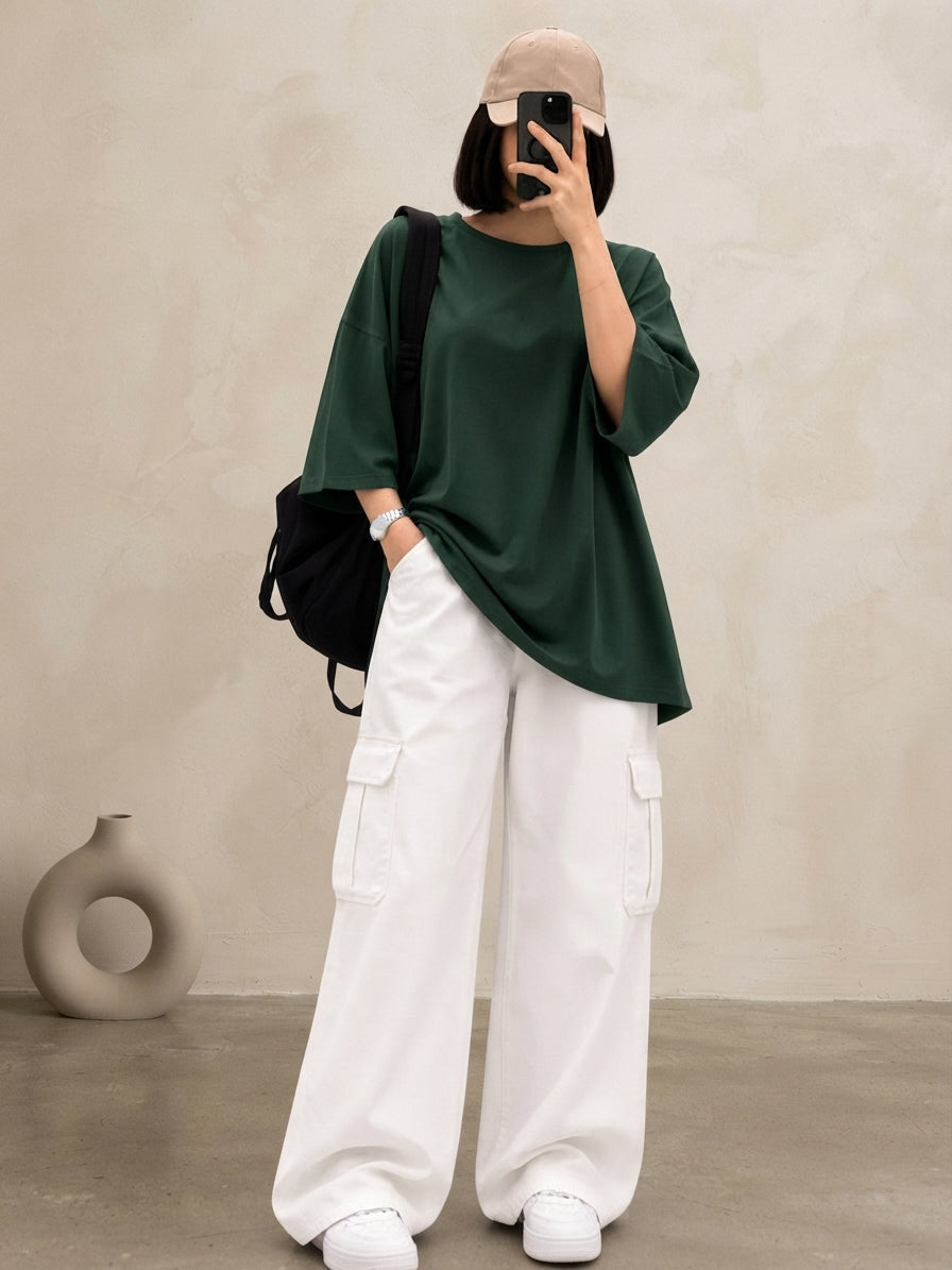 DUO PACK ( BOTTLE GREEN BAGGY TEE WITH WHITE CARGO WIDE LEG JEANS )