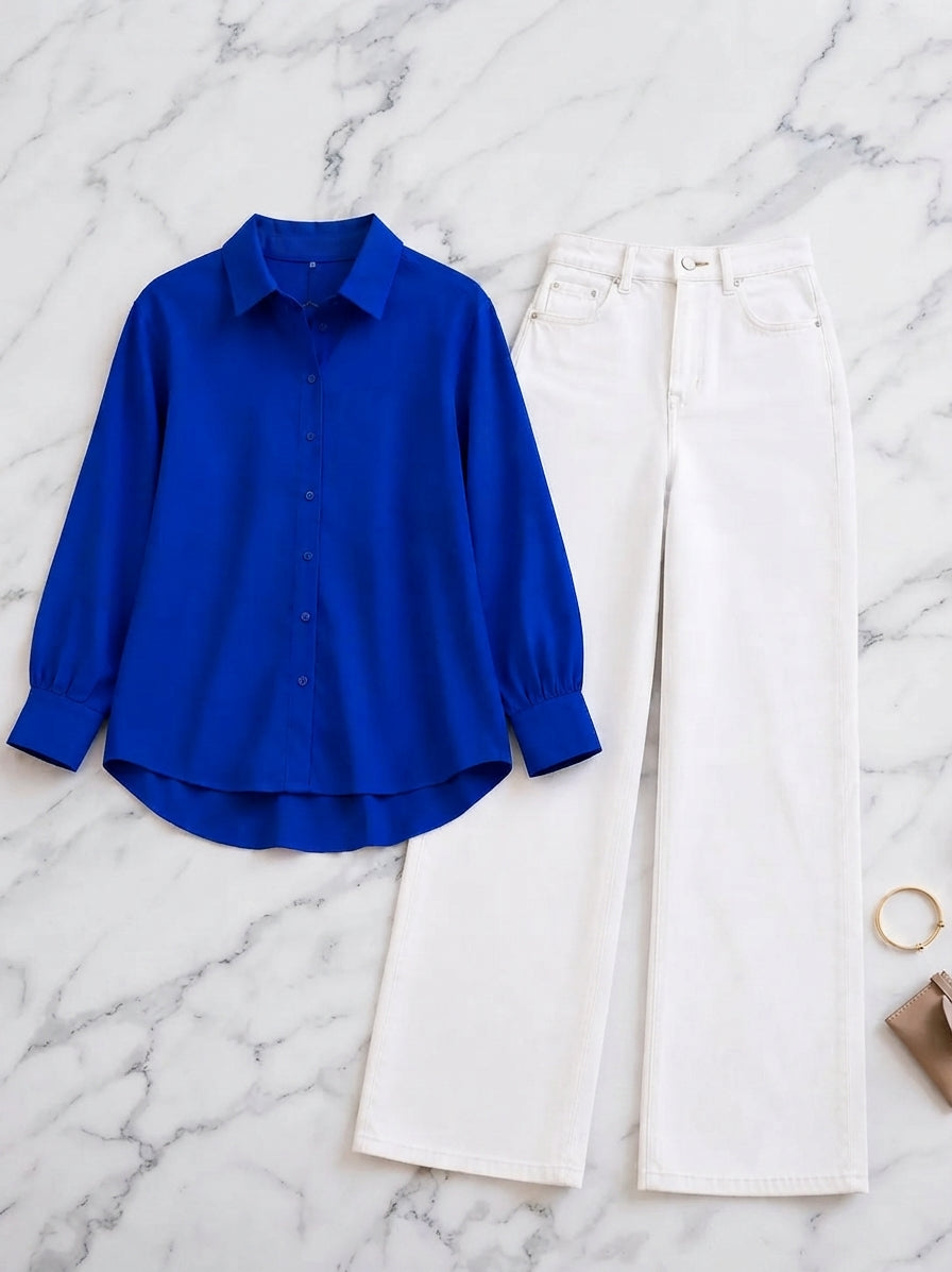 DUO PACK ( ROYAL BLUE BUTTON DOWN SHIRT WITH WHITE WIDE LEG JEANS )