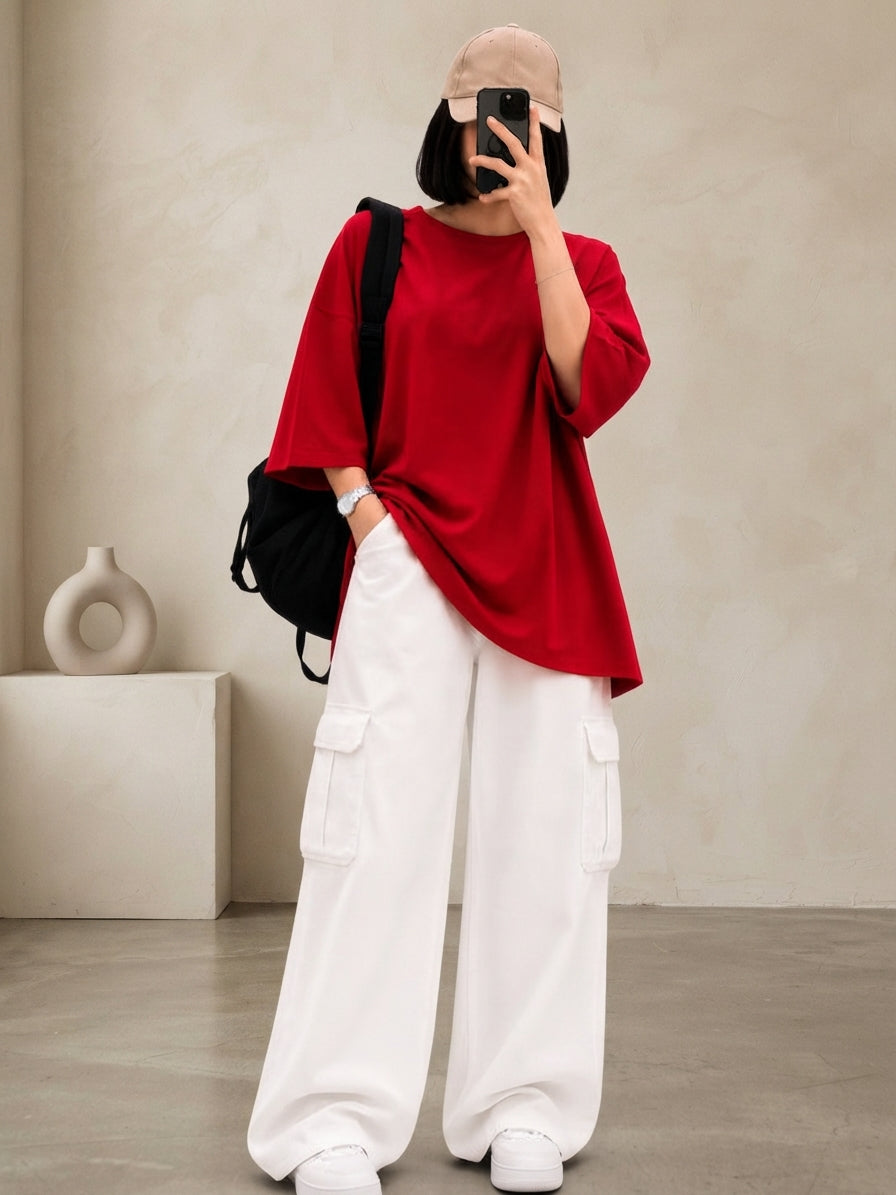 DUO PACK ( RED BAGGY TEE  WITH WHITE CARGO WIDE LEG JEANS )