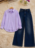 DUO PACK (LILAC BUTTON DOWN SHIRT WITH DARK BLUE FADED WIDE LEG JEANS)