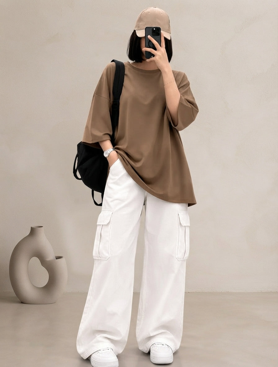 DUO PACK ( COFFEE BROWN BAGGY TEE WITH WHITE CARGO WIDE LEG JEANS )