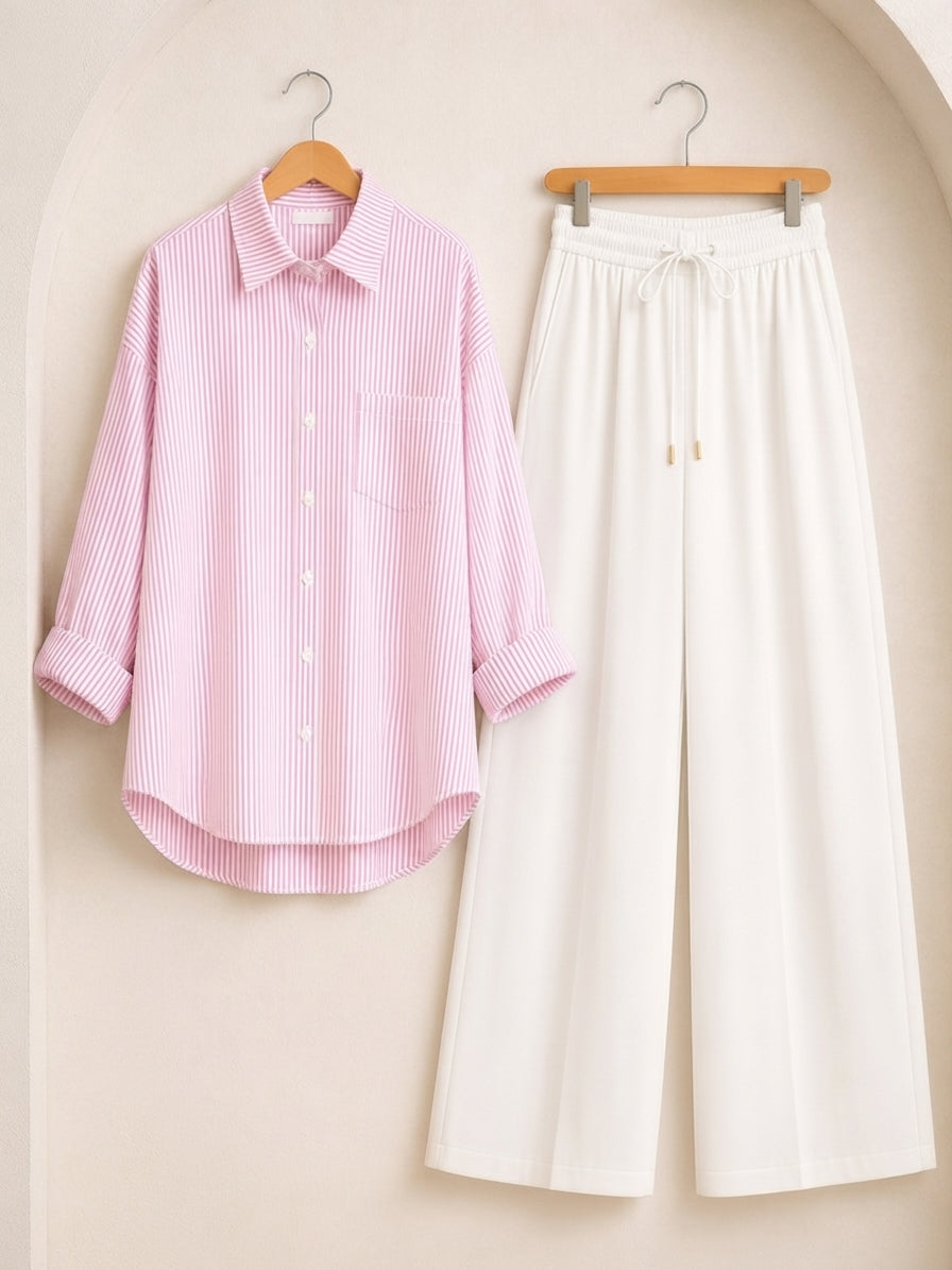 DUO PACK ( WHITE AND PINK STRIPES BUTTON DOWN SHIRT WITH WHITE FLAPPER TROUSER )
