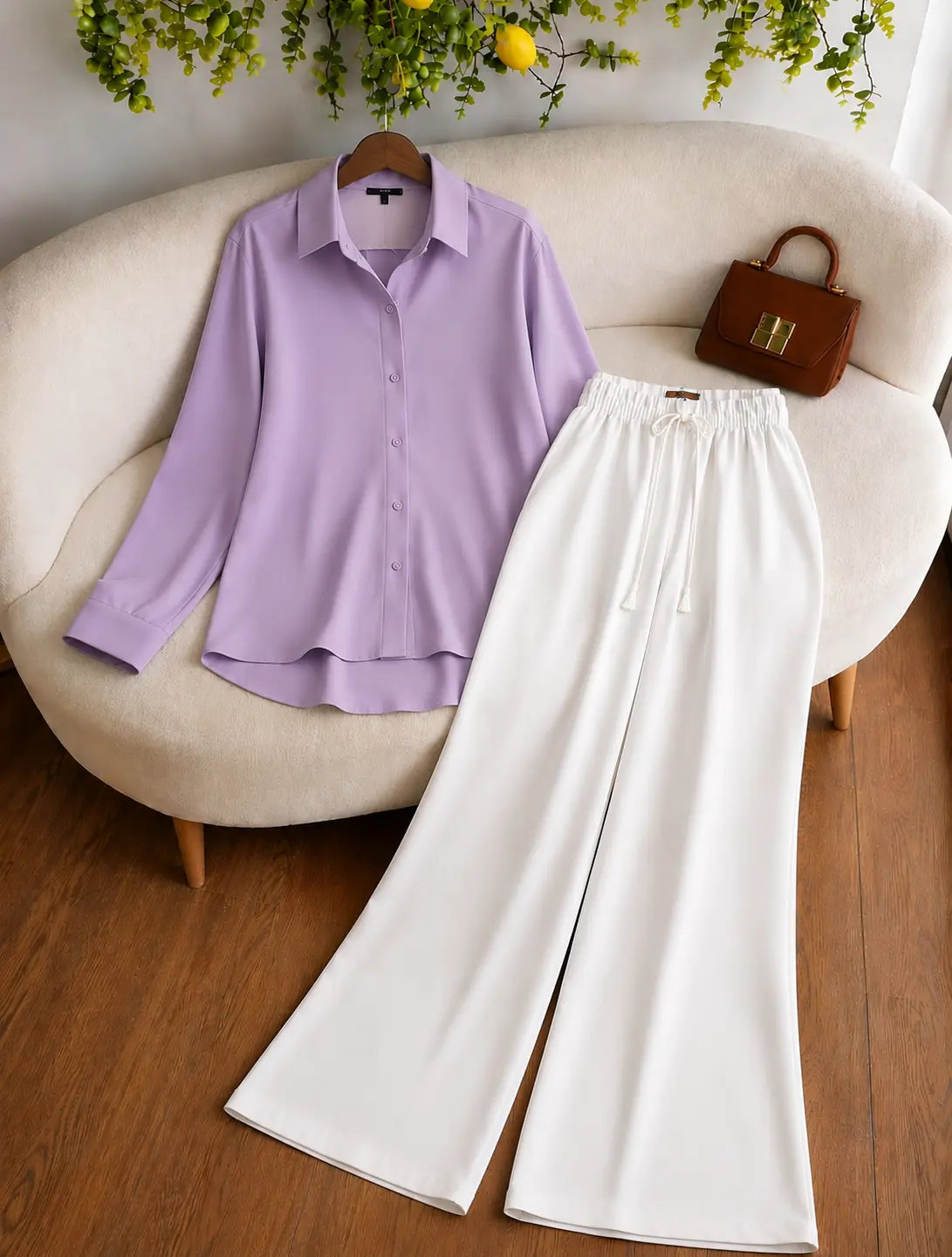 DUO PACK (LILAC BUTTON DOWN SHIRT WITH WHITE FLAPPER TROUSER)