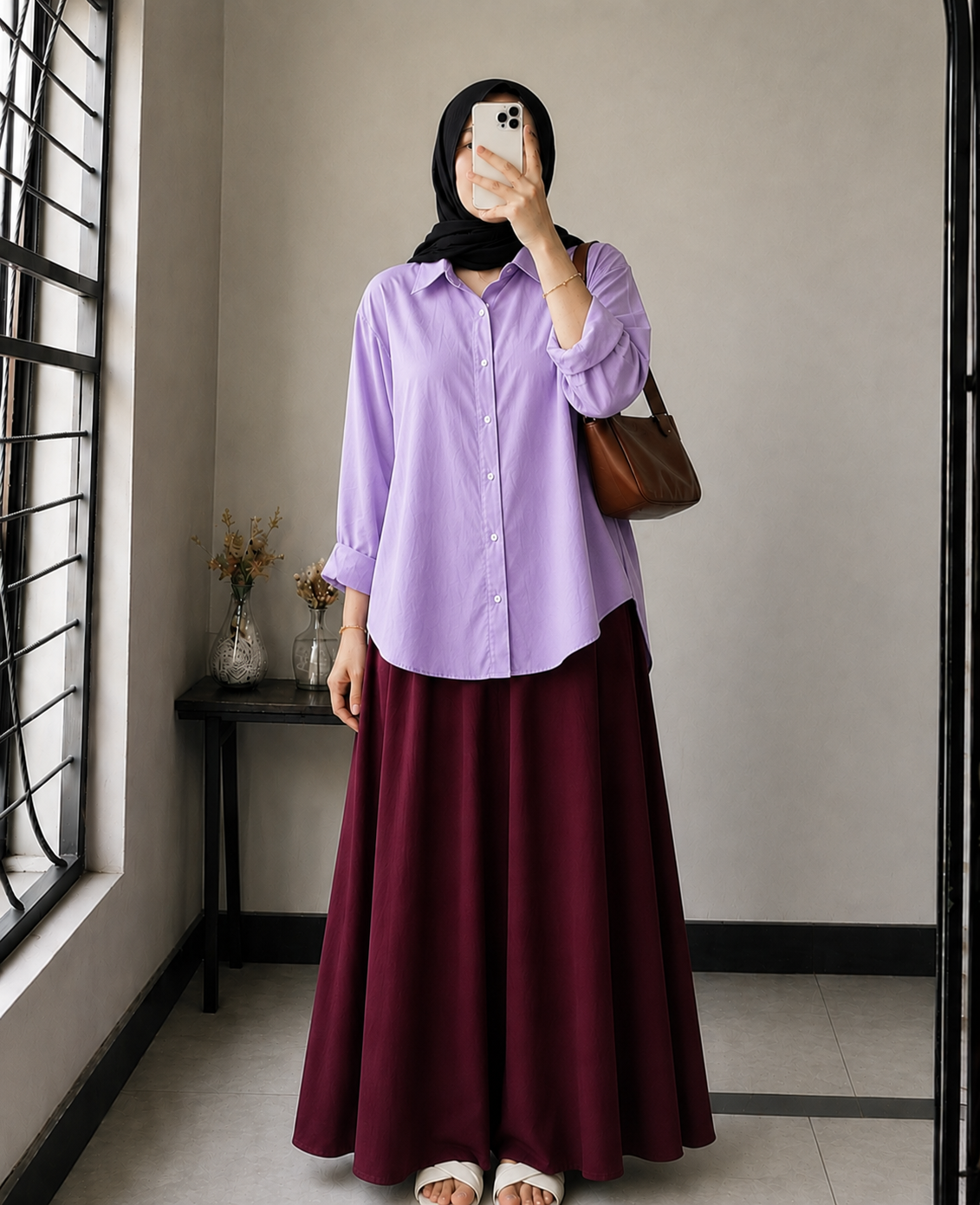 DUO PACK ( LILAC BUTTON DOWN SHIRT WITH MAROON MAXI SKIRT )