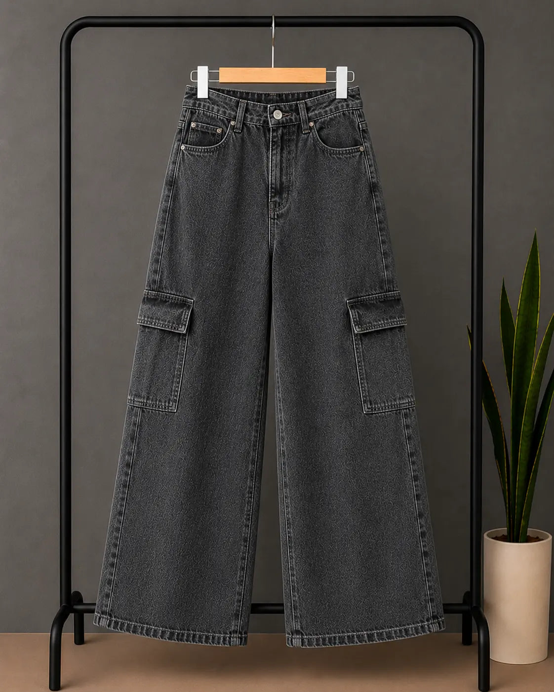 DARK GREY WIDE LEG CARGO JEANS