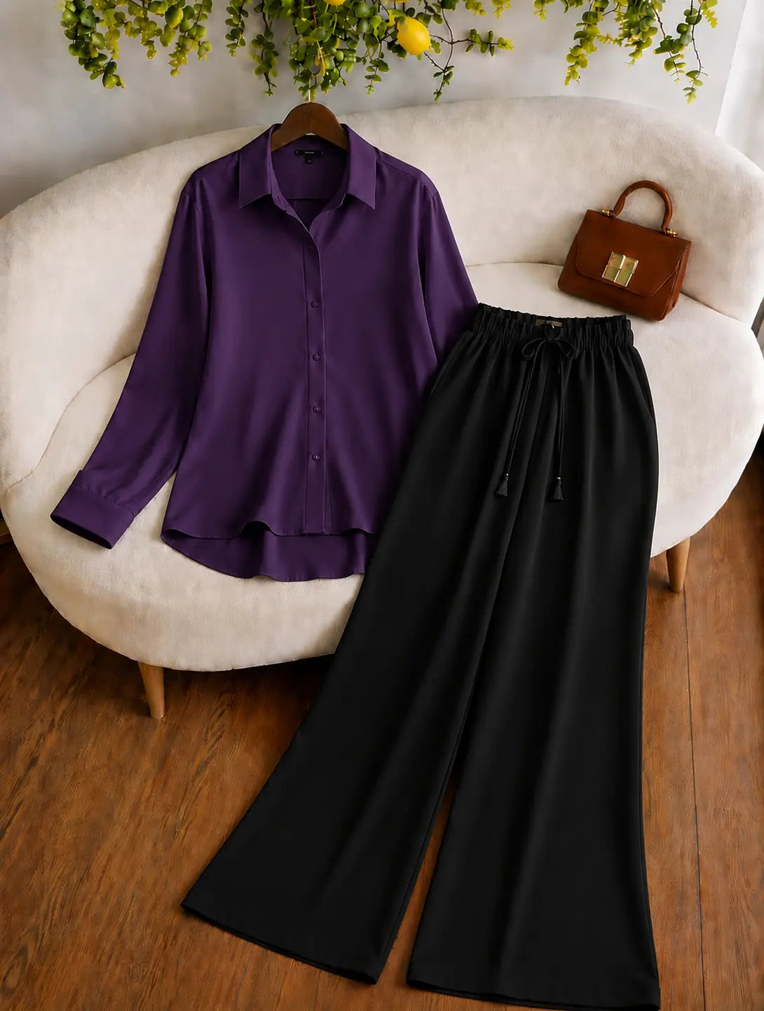 DUO PACK ( DARK PURPLE BUTTON DOWN SHIRT WITH BLACK FLAPPER TROUSER)