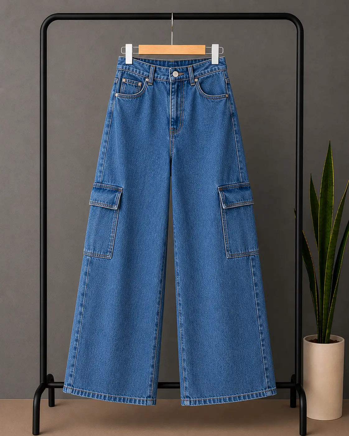 MID BLUE WIDE LEG CARGO JEANS
