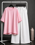 DUO PACK ( BABY PINK BAGGY TEE WITH WHITE WIDE LEG JEANS )