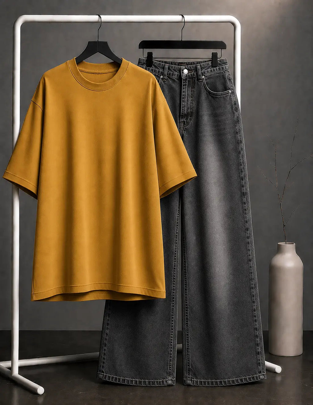 DUO PACK ( MUSTARD BAGGY TEE WITH CHARCOAL GREY WIDE LEG JEANS )
