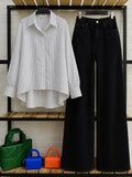 DUO PACK ( WHITE AND BLACK STRIPES BUTTON DOWN SHIRT WITH JET BLACK WIDE LEG JEANS)