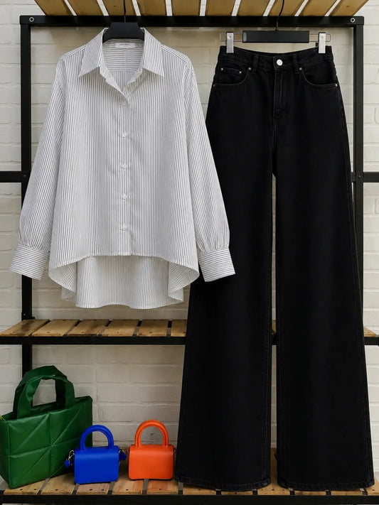 DUO PACK ( WHITE AND BLACK STRIPES BUTTON DOWN SHIRT WITH JET BLACK WIDE LEG JEANS)