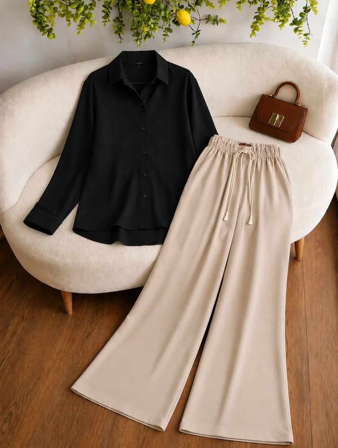 DUO PACK (BLACK BUTTON DOWN SHIRT WITH BEIGE FLAPPER TROUSER)
