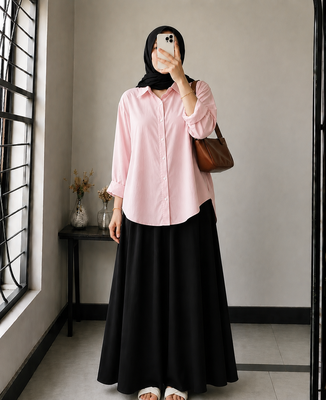DUO PACK ( BABY PINK BUTTON DOWN SHIRT WITH BLACK MAXI SKIRT )