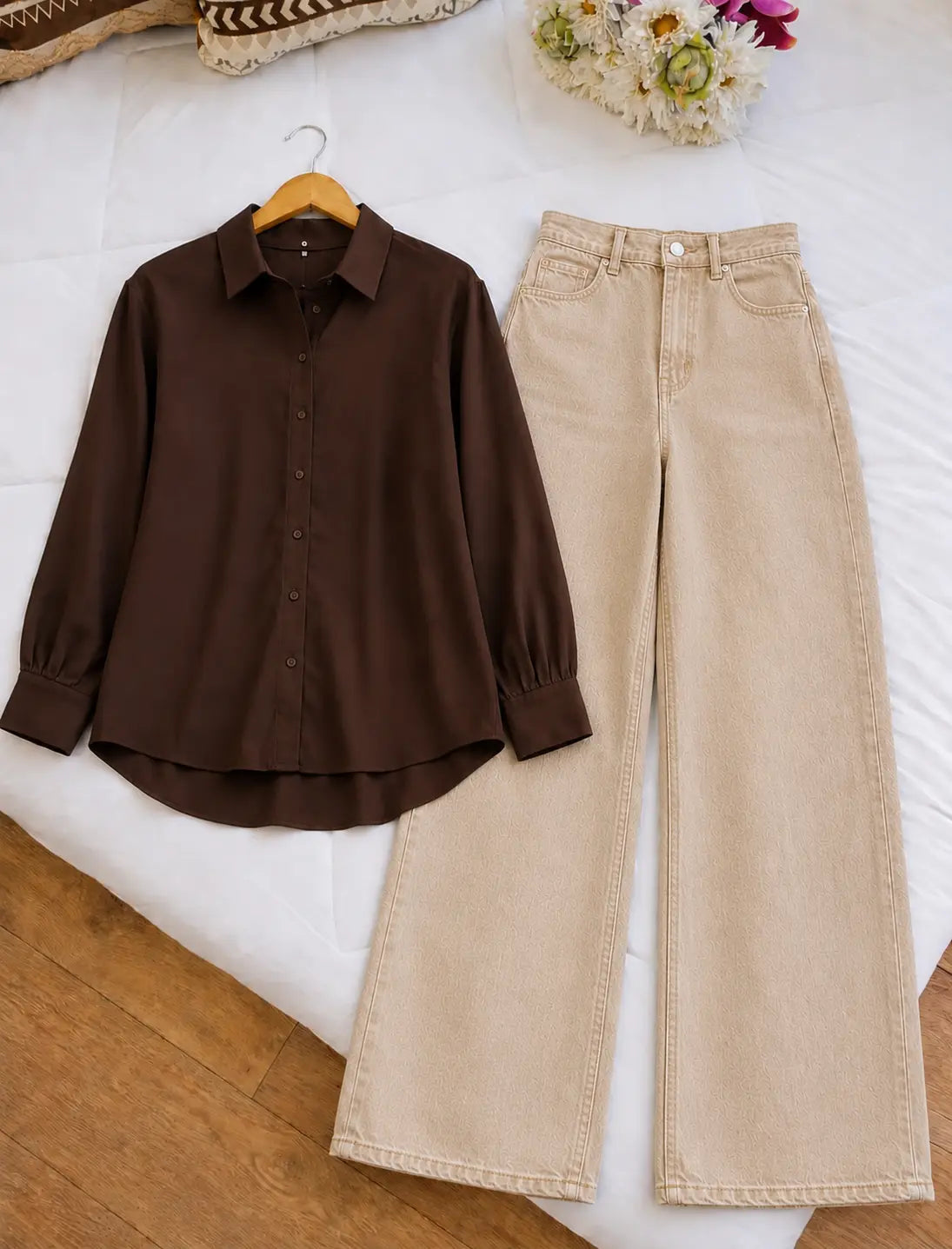 DUO PACK ( DARK BROWN BUTTON DOWN SHIRT WITH BEIGE WIDE LEG JEANS )