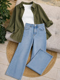 (TRIO PACK) OLIVE GREEN BUTTON DOWN SHIRT WITH WHITE INNER AND SKY BLUE WIDE JEANS
