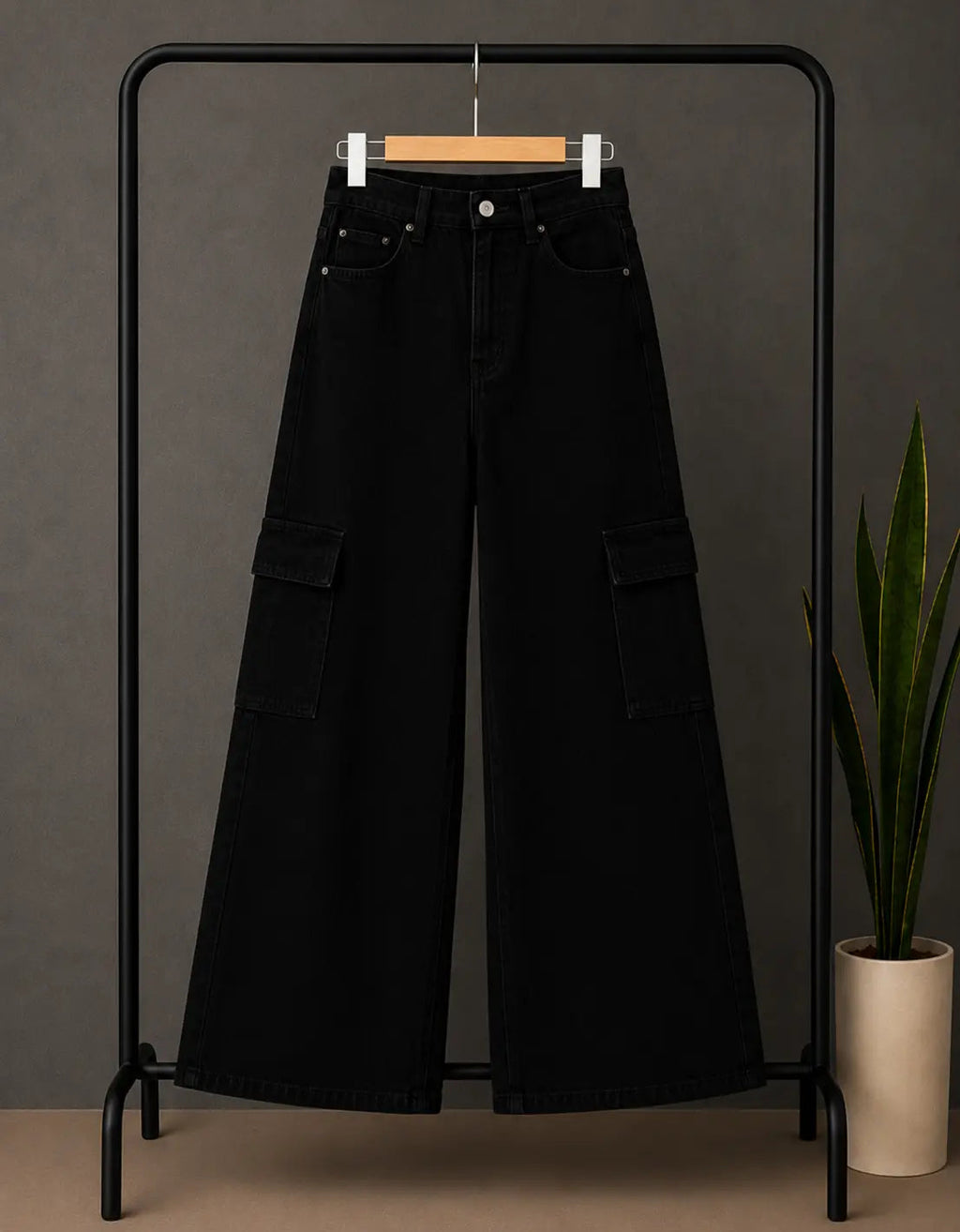 JET BLACK WIDE LEG CARGO JEANS