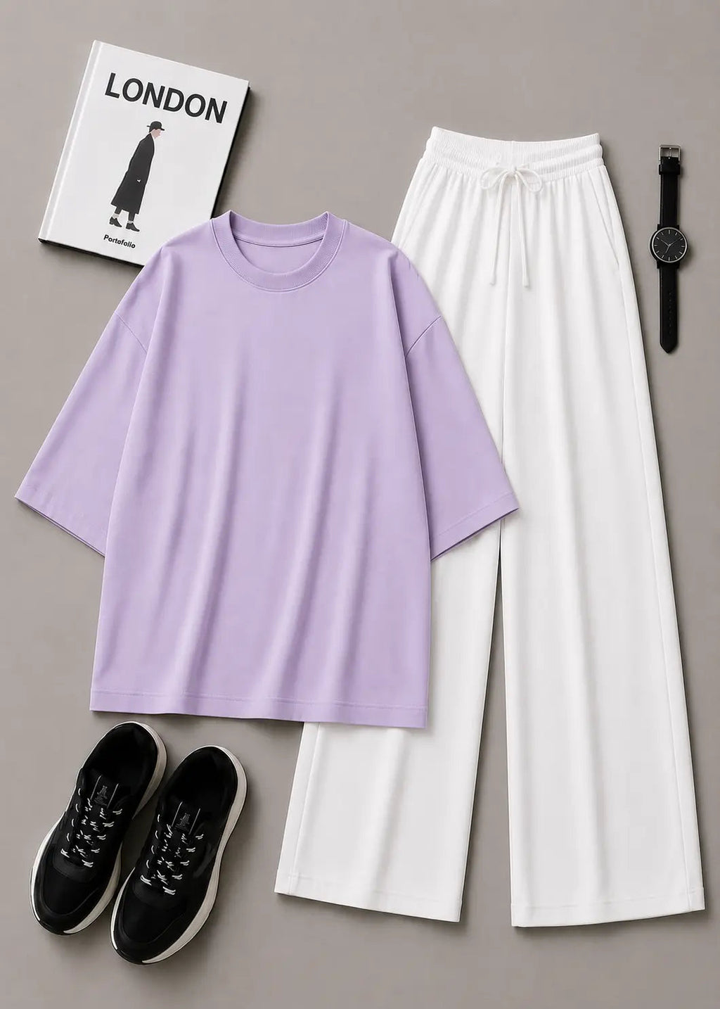 DUO PACK ( LILAC BAGGY TEE WITH WHITE FLAPPER TROUSER )