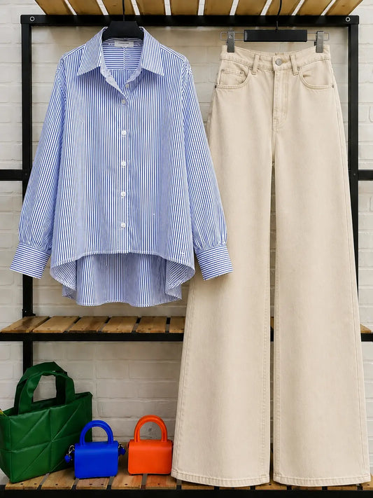 DUO PACK ( WHITE AND BLUE STRIPES BUTTON DOWN SHIRT WITH BEIGE WIDE LEG JEANS )