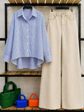 DUO PACK ( WHITE AND BLUE STRIPES BUTTON DOWN SHIRT WITH BEIGE WIDE LEG JEANS )