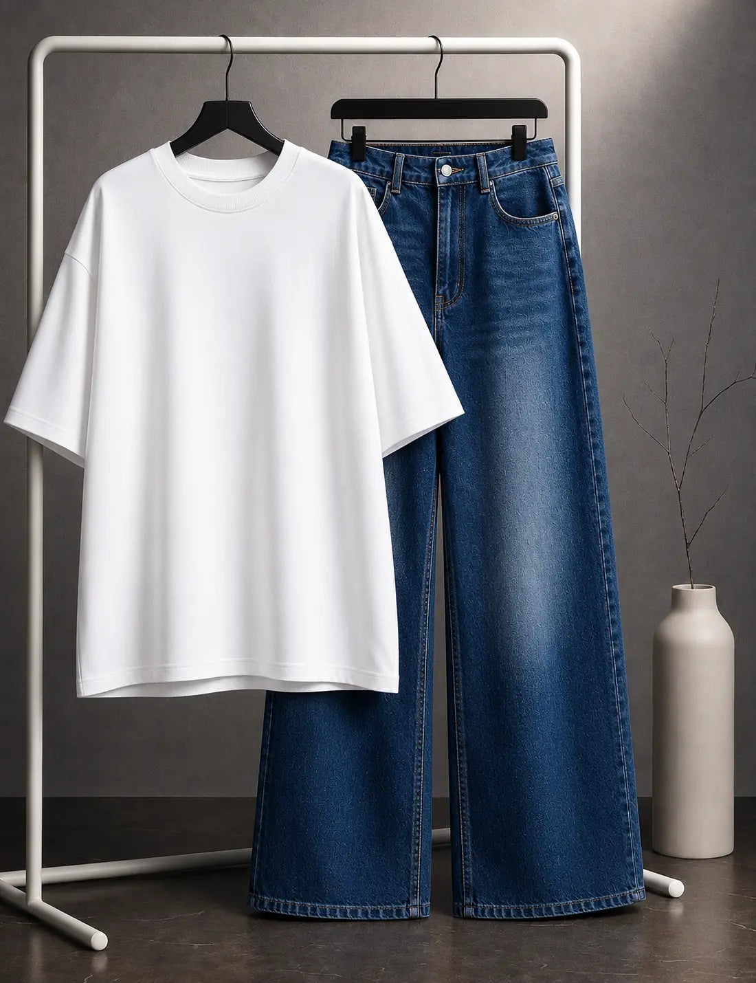 DUO PACK ( WHITE BAGGY TEE WITH DARK BLUE FADED WIDE LEG JEANS )