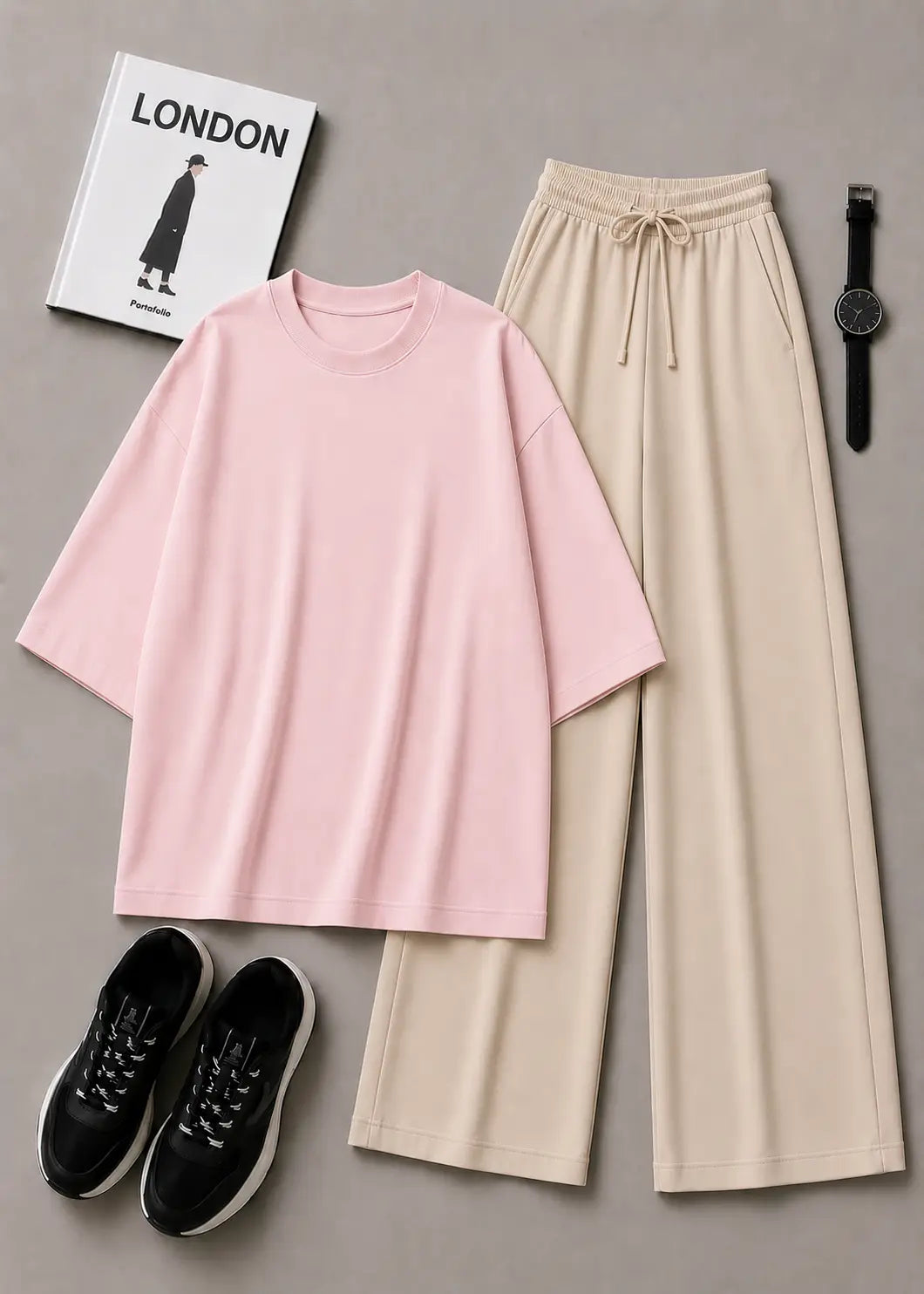 DUO PACK ( BABY PINK BAGGY TEE WITH BEIGE FLAPPER TROUSER )