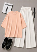 DUO PACK ( PEACH BAGGY TEE  WITH WHITE FLAPPER TROUSER )