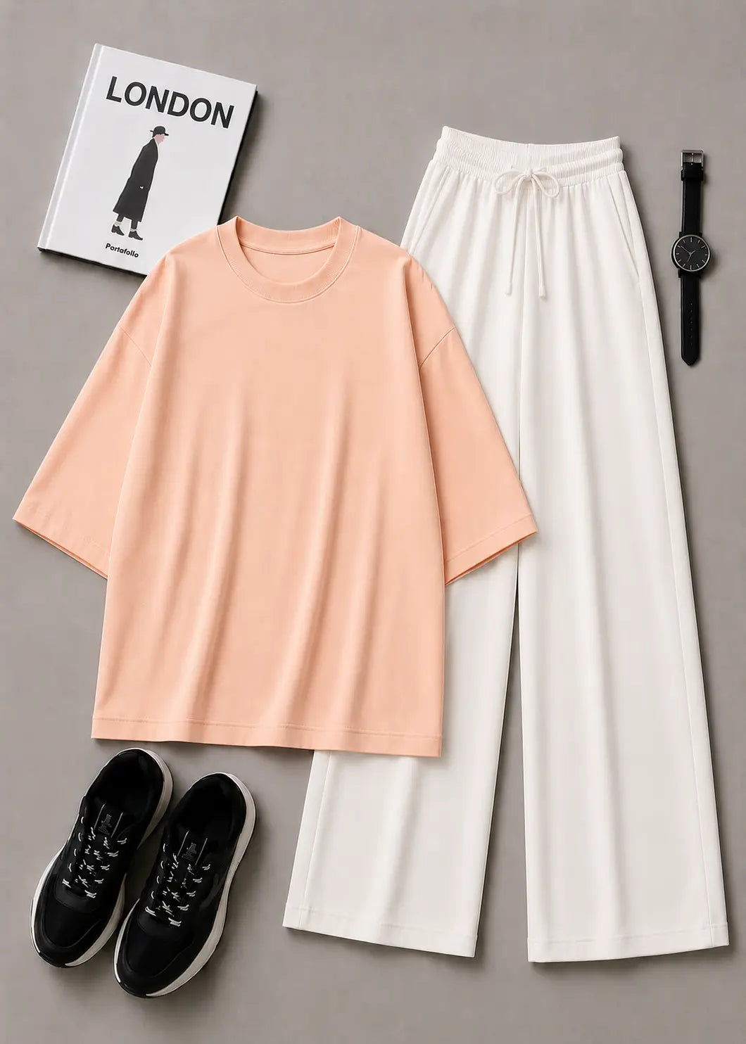 DUO PACK ( PEACH BAGGY TEE  WITH WHITE FLAPPER TROUSER )