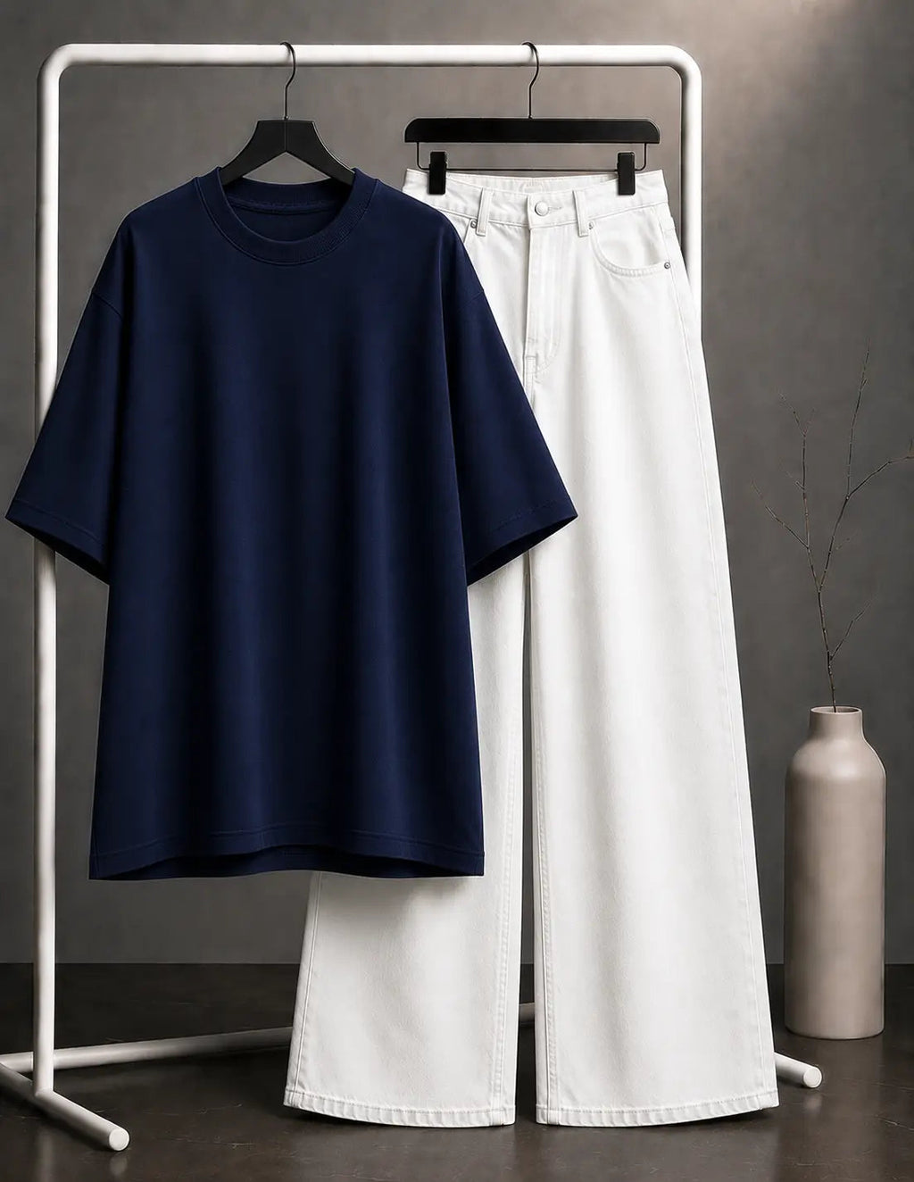 DUO PACK ( NAVY BLUE BAGGY TEE WITH WHITE WIDE LEG JEANS )