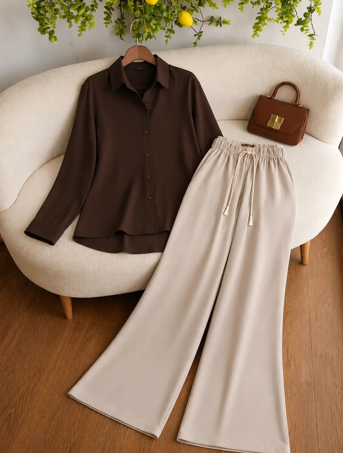 DUO PACK (DARK BROWN BUTTON DOWN SHIRT WITH BEIGE FLAPPER TROUSER)