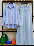 DUO PACK ( WHITE AND BLUE STRIPES BUTTON DOWN SHIRT WITH SKY BLUE FADED WIDE LEG JEANS )