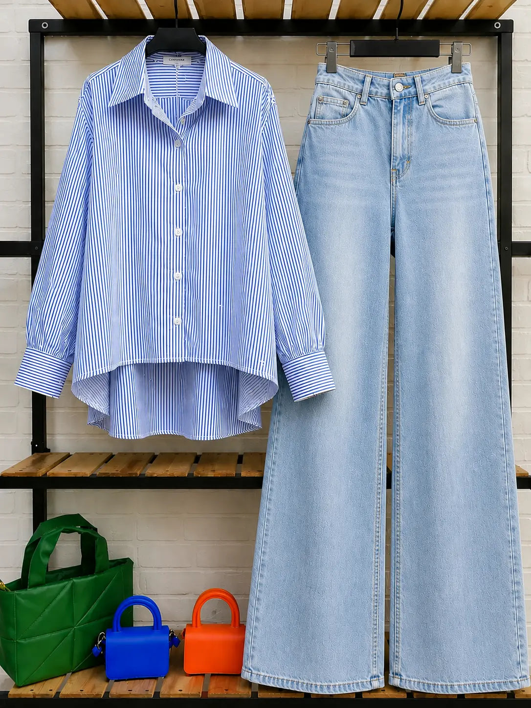 DUO PACK ( WHITE AND BLUE STRIPES BUTTON DOWN SHIRT WITH SKY BLUE FADED WIDE LEG JEANS )
