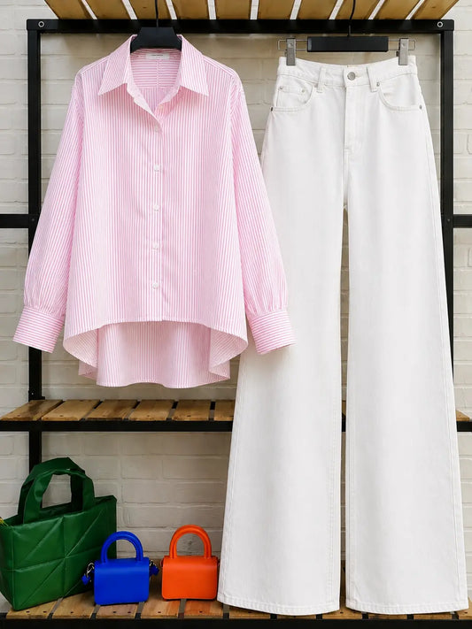 DUO PACK ( WHITE AND PINK STRIPES BUTTON DOWN SHIRT WITH WHITE WIDE LEG JEANS )