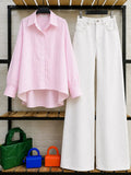 DUO PACK ( WHITE AND PINK STRIPES BUTTON DOWN SHIRT WITH WHITE WIDE LEG JEANS )