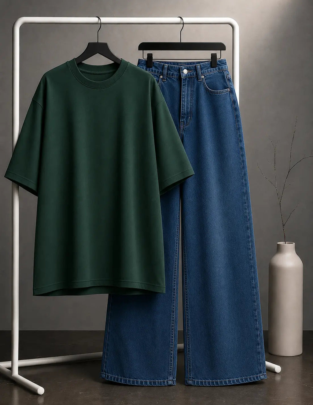 DUO PACK ( BOTTLE GREEN BAGGY TEE WITH MID BLUE WIDE LEG JEANS )