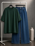 DUO PACK ( BOTTLE GREEN BAGGY TEE WITH MID BLUE WIDE LEG JEANS )