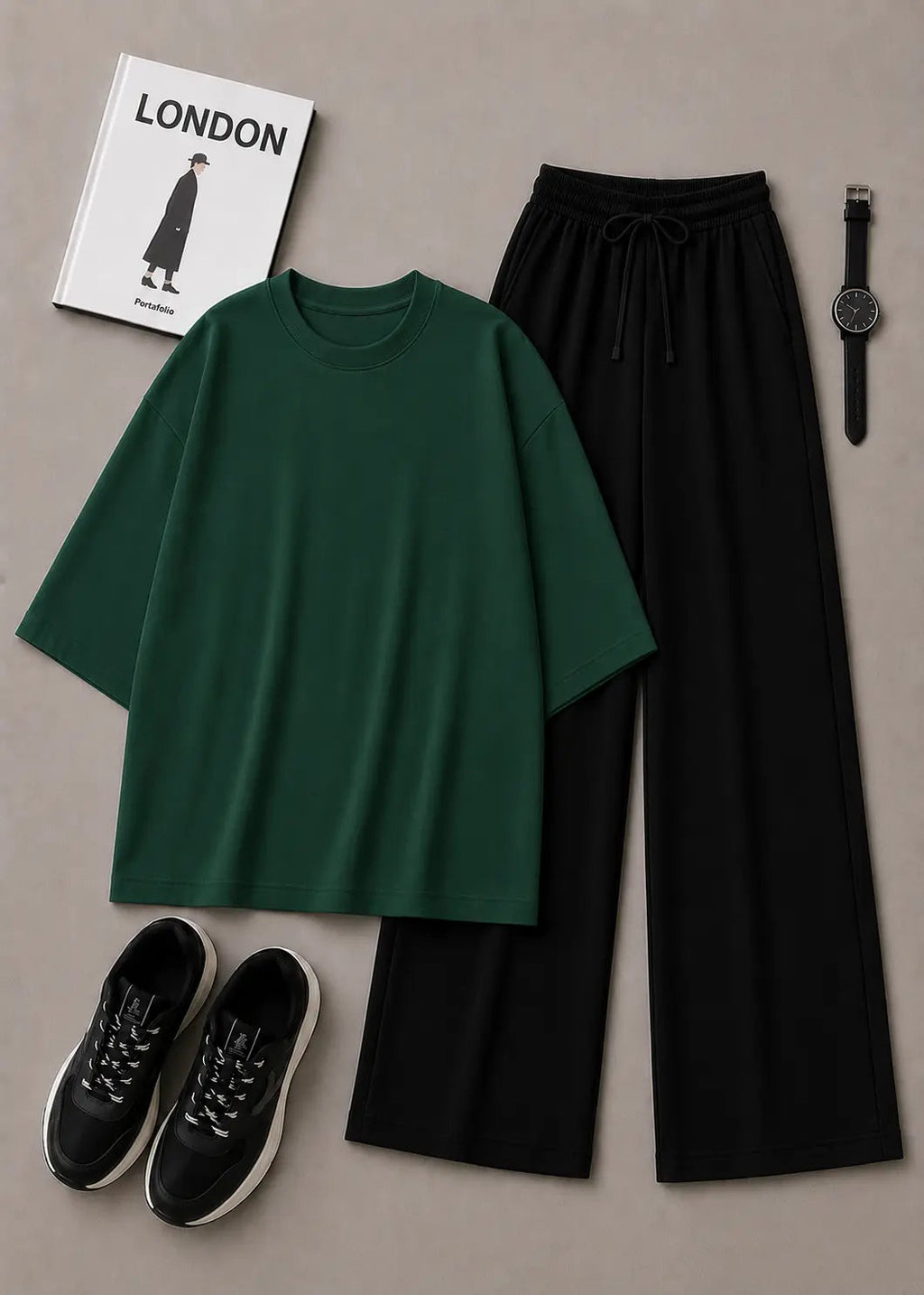 DUO PACK ( BOTTLE GREEN BAGGY TEE WITH BLACK FLAPPER TROUSER )