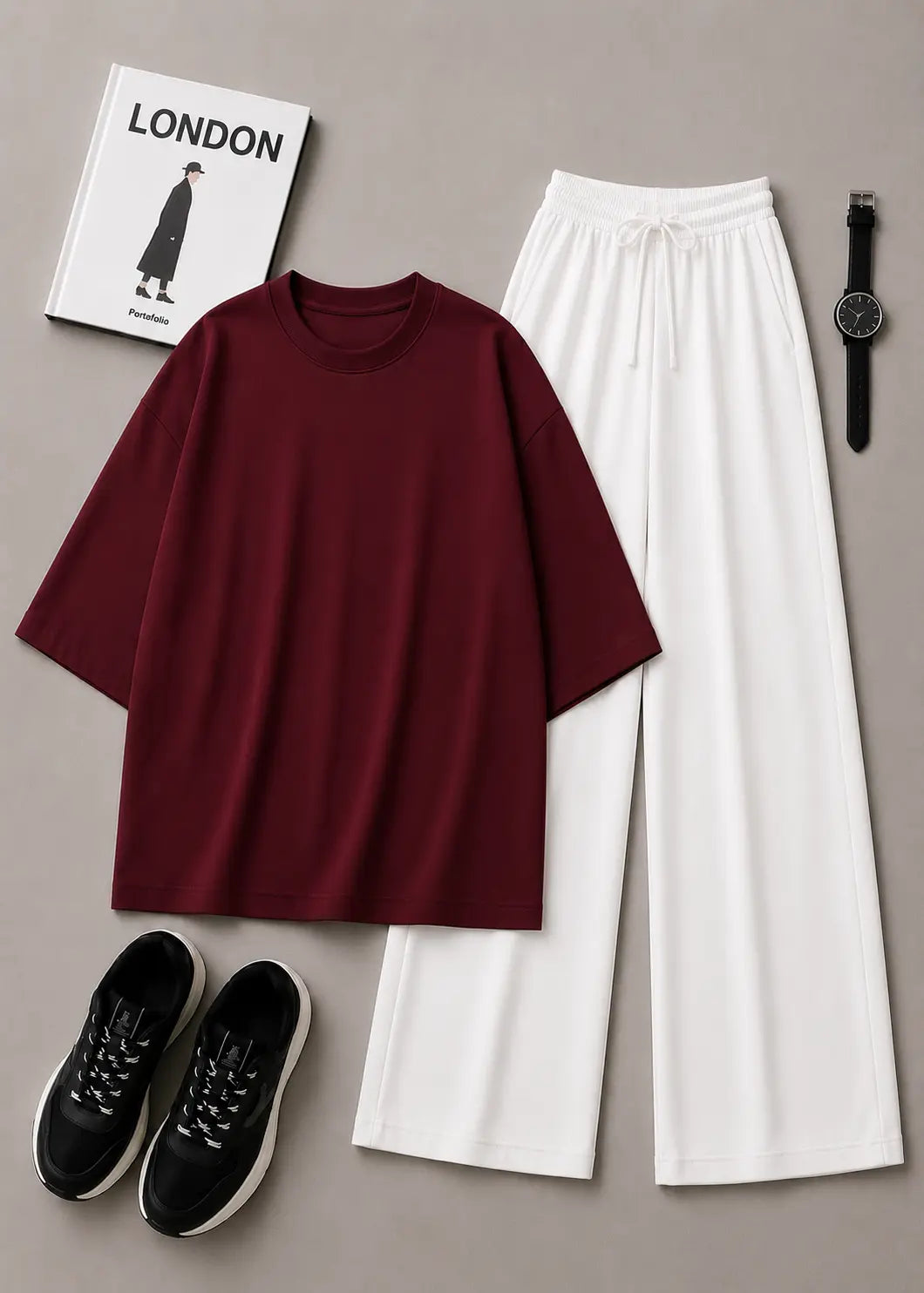 DUO PACK ( MAROON BAGGY TEE WITH WHTE  FLAPPER TROUSER )