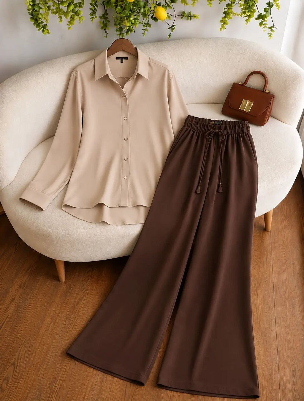 DUO PACK ( BEIGE BUTTON DOWN SHIRT WITH DARK BROWN FLAPPER TROUSER )