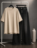 DUO PACK ( BEIGE BAGGY TEE WITH MALAYSIAN BLACK WIDE LEG JEANS )