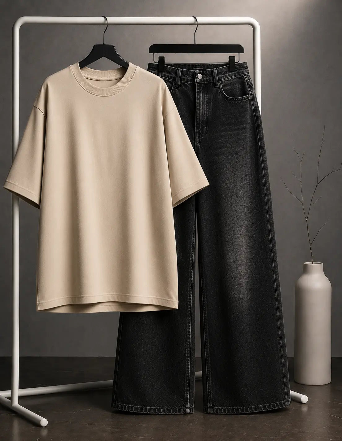DUO PACK ( BEIGE BAGGY TEE WITH MALAYSIAN BLACK WIDE LEG JEANS )