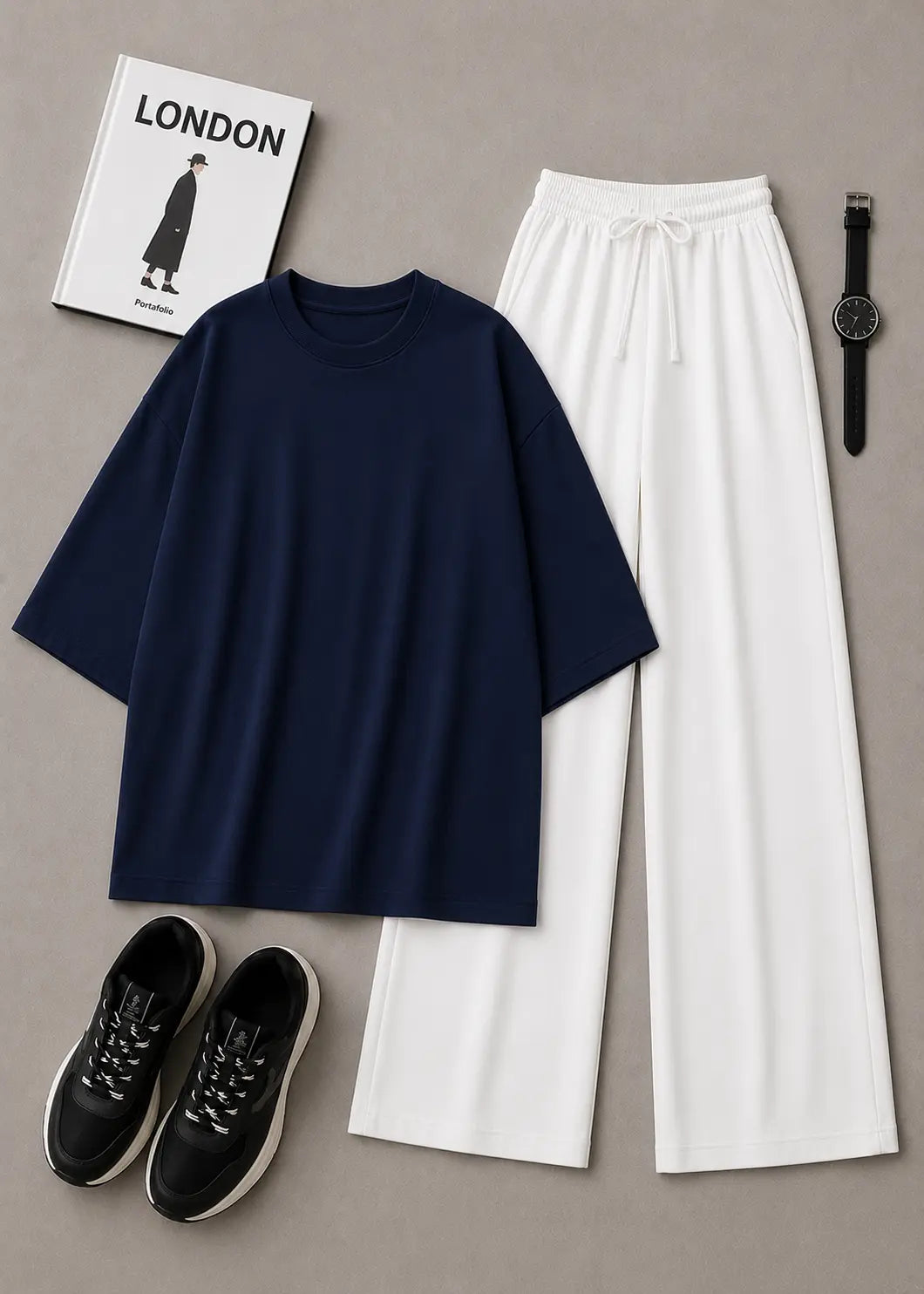 DUO PACK ( NAVY BLUE BAGGY TEE WITH WHITE FLAPPER TROUSER )