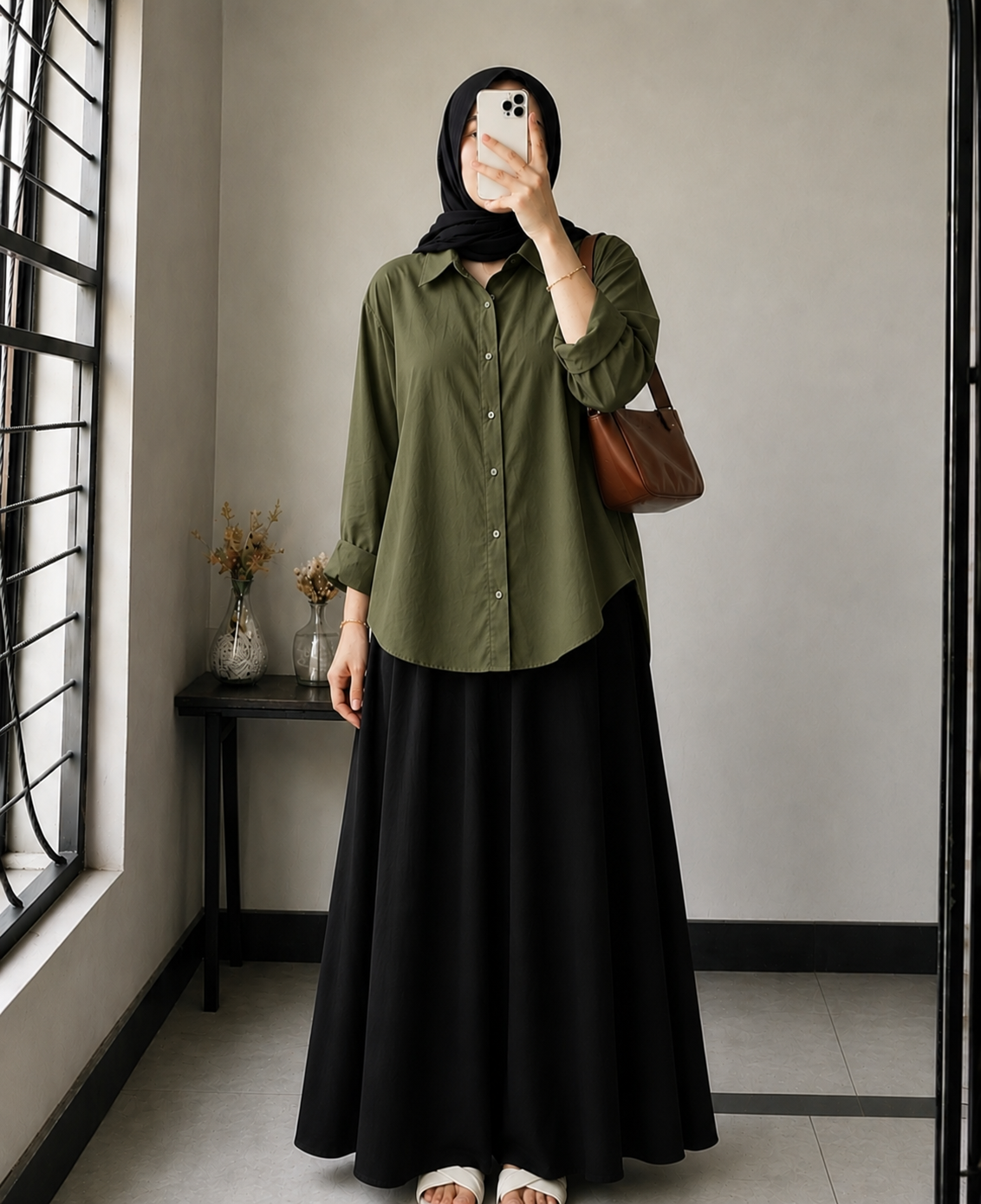 DUO PACK ( OLIVE GREEN BUTTON DOWN SHIRT WITH BLACK MAXI SKIRT )