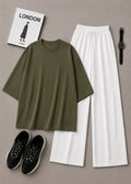 DUO PACK ( OLIVE GREEN BAGGY TEE WITH WHITE FLAPPER TROUSER )
