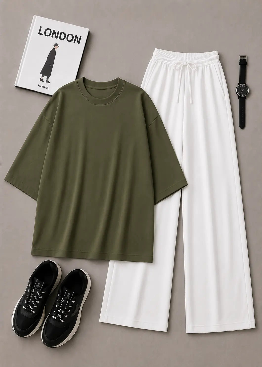 DUO PACK ( OLIVE GREEN BAGGY TEE WITH WHITE FLAPPER TROUSER )